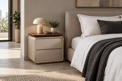 Bedside cabinet with an overhanging wood-look top beside a large upholstered bed