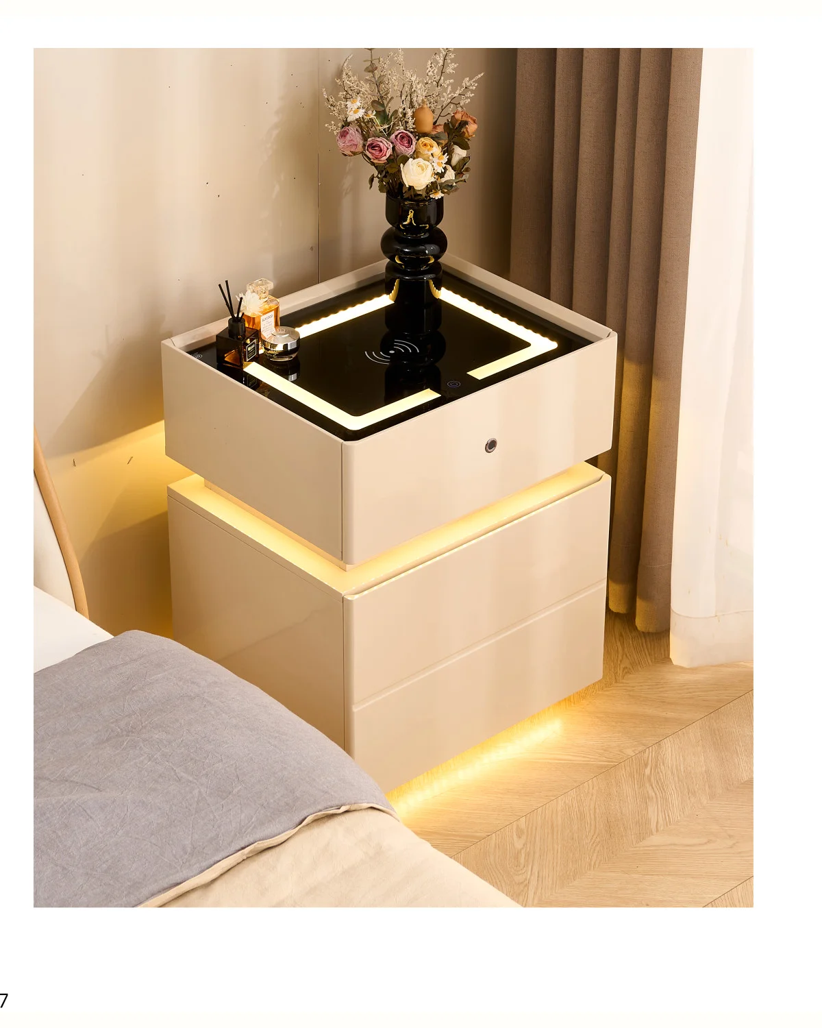 Two-drawer smart bedside table with light strip
